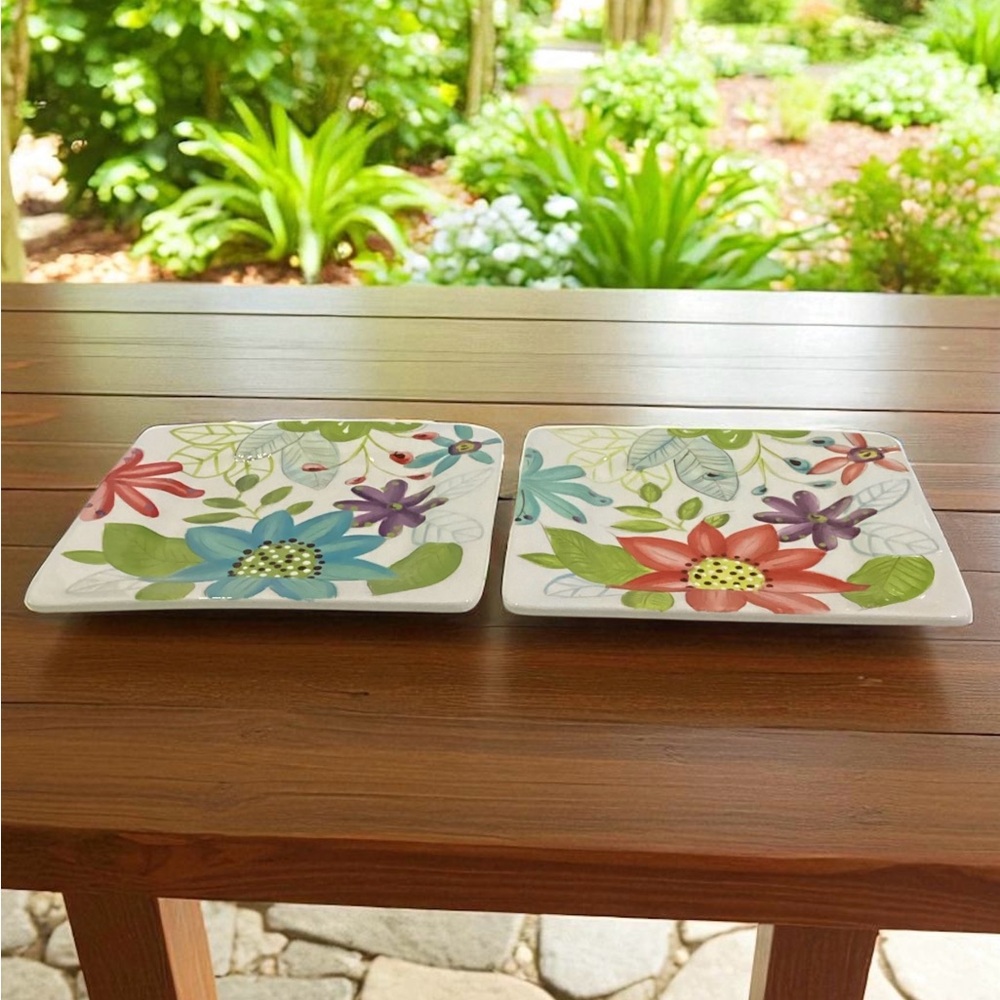 Laurie Gates Daisy Square Salad Luncheon Dessert Plates Hand-painted Set Of 2